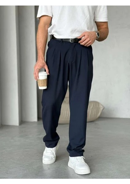 Erkek Lacivert Pileli Baggy Kumaş Pantolon