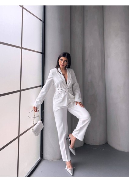 Kadın Zımba Kemer Detaylı Çıtçıtlı Cekete Palazzo Pantolon Şık Takım Elbise modelleri