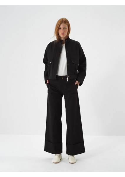 Kadın Siyah Pamuk Dokulu Oversize Pantolon