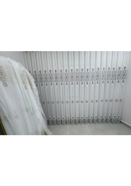 Nivemeshome 1453 Osmanlı Motifli Gümüş Detaylı 1/3 Pileli Tül Perde Apm