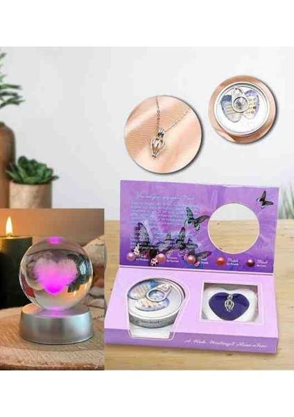 Kişiye Özel Istiridye Inci Kolye ve Kalp Kristal Cam Kar Küresi Ikili Set