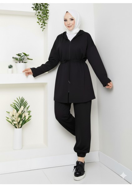 Modal Kumaş Bağlama Detay Fermuarlı Kapüşonlu Tesettür Eşofman Takımı
