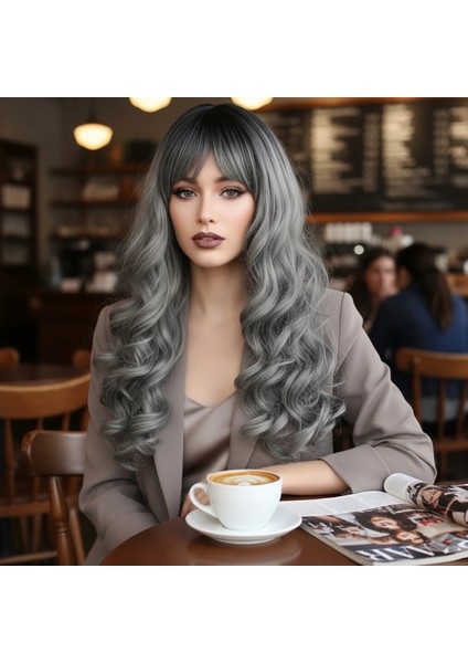 Dalgalı Perçemli Uzun Fiber Sentetik Peruk - Siyah / Gri Ombreli