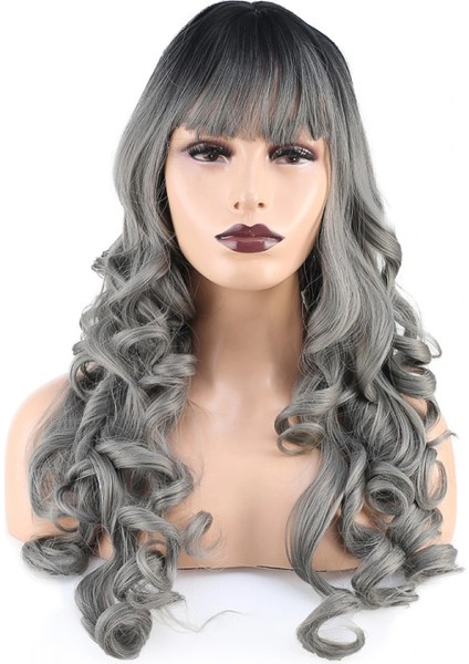 Dalgalı Perçemli Uzun Fiber Sentetik Peruk - Siyah / Gri Ombreli fiyatları