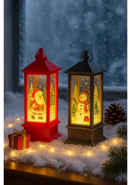 biton led ışıklı noel feneri 2’li set – noel baba & kardan adam temalı dekoratif yılbaşı lambası 14 cm