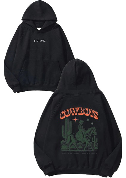 Cowboys Tasarım Baskılı Oversize Siyah Kapüşonlu Sweatshirt