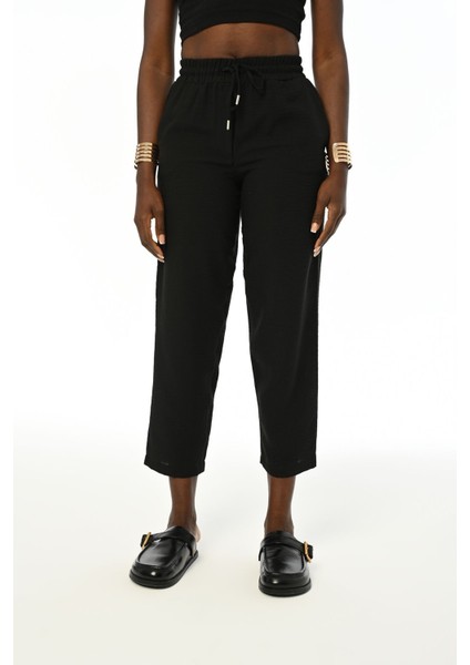 Kadın Beli Lastikli Rahat Kalıp Düz Renk Pantolon