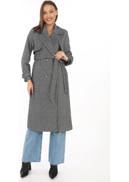 Kadın Balık Sırtı Kaşmir Uzun Kaşe Kaban - Boyalı Gri modelleri