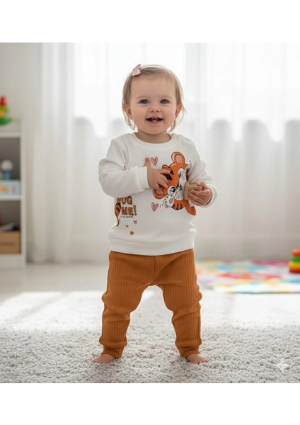 Kız Bebek Kedi Baskılı Çıt Çıtlı Alt Üst Ikili Gündelik Takım