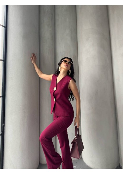 Kadın Gold Kurabiye Düğmeli Yelek Pantolon Takım Elbise fiyatları