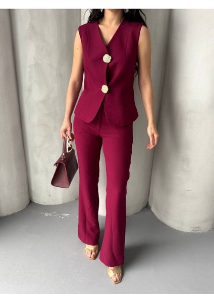 Kadın Gold Kurabiye Düğmeli Yelek Pantolon Takım Elbise