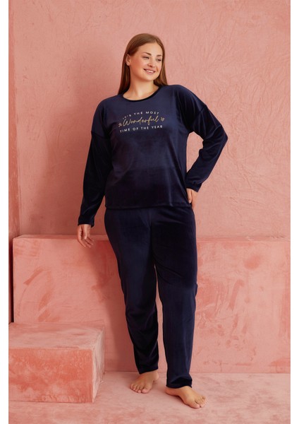 Calia 8701 Uzun Kollu Kadife Battal Beden Kadın Pijama Takımı