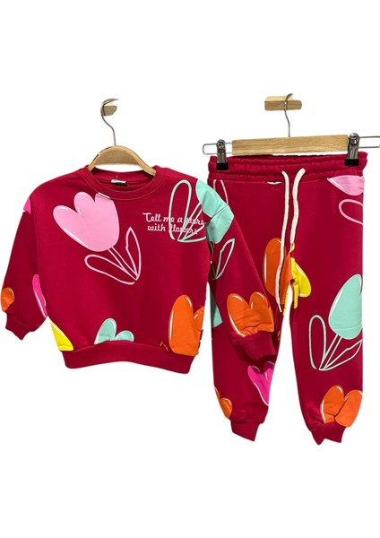 3-10 Yaş Kız Çocuk Lale Desenli 3 Iplik Kumaş Alt-Üst Takım