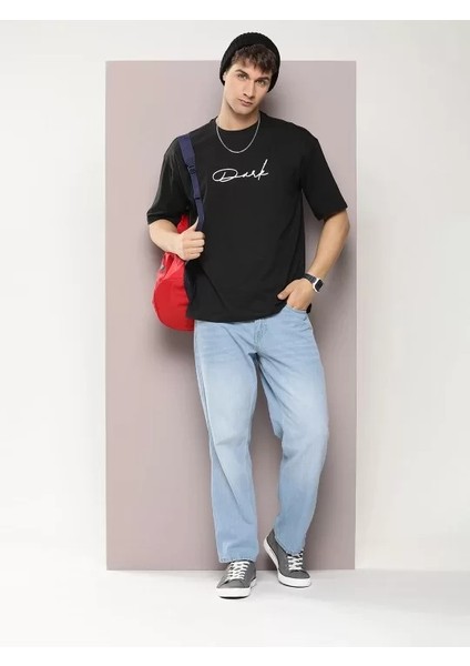 Erkek Baskılı Oversize T-Shirt - Siyah