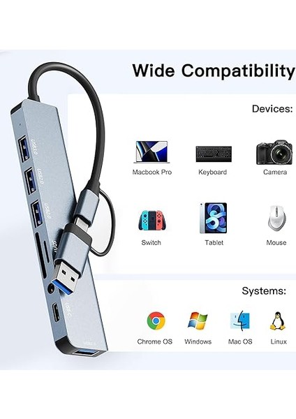 USB C Hub, 8'i 2 Arada USB Hub 3.0 Çoklu Bağlantı Noktalı Adaptör, USB 3.0 Bağlantı Noktası, Sd/tf Kart Okuyucu, Usb-C ve 3 x USB 2.0 Veri Bağlantısı, 3,5 mm Kulaklık Bağlantısı, MacBook indirimleri