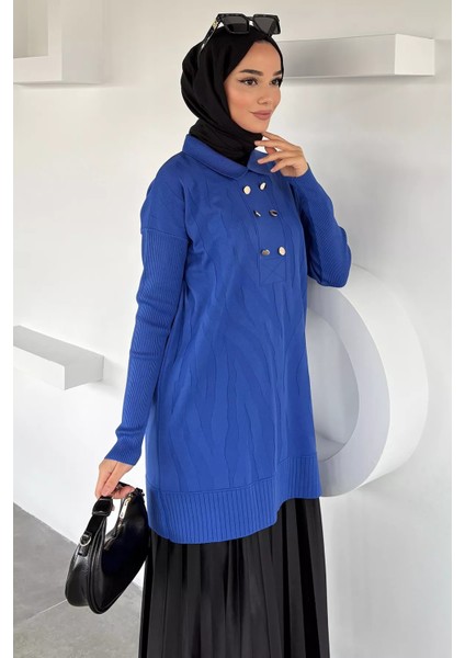 Gülseli Polo Yaka Kendinden Desenli Tesettür Triko Tunik P-00018951 fiyatları