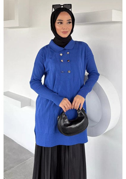 Gülseli Polo Yaka Kendinden Desenli Tesettür Triko Tunik P-00018951 modelleri