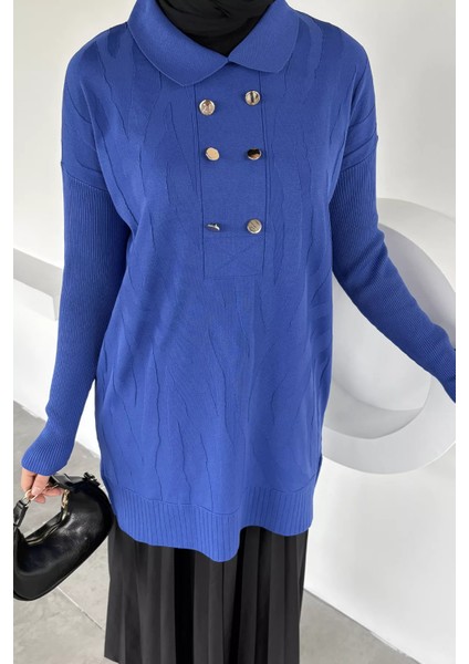 Gülseli Polo Yaka Kendinden Desenli Tesettür Triko Tunik P-00018951 fırsatları