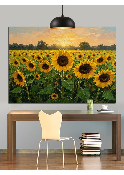 Günebakan Tarlası Dolunay Manzarası Dekoratif Kanvas - Mdf Ahşap Tablo