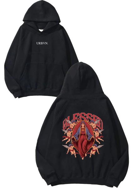 Blessed Mary Tasarım Baskılı Oversize Siyah Kapüşonlu Sweatshirt