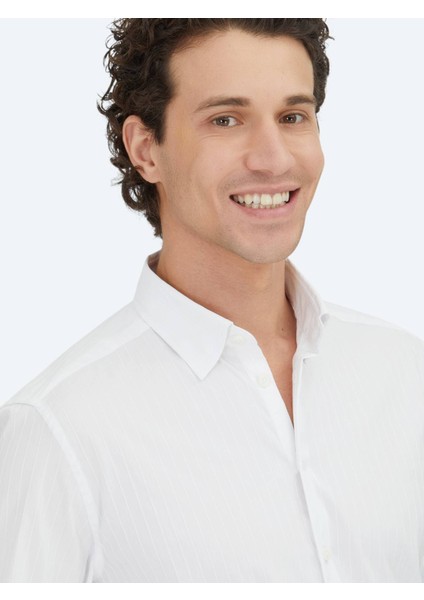 Beyaz Çizgili Regular Fit Dokuma Spor Pamuk Karışımlı Gömlek modelleri