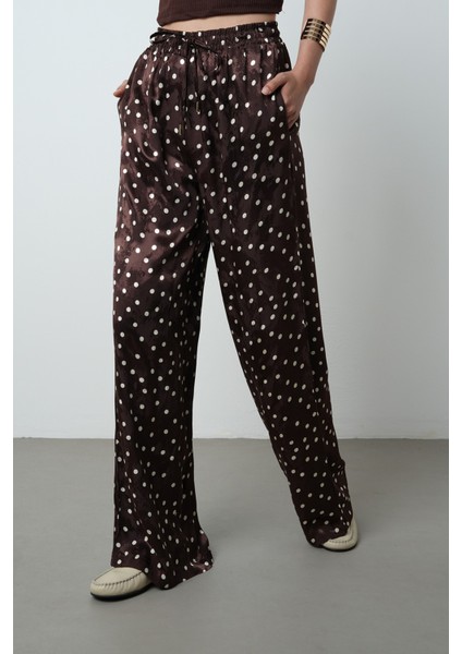 Kadın Puantiye Desenli Kahverengi Jakarlı Bol Paça Desenli Pantolon fiyatları