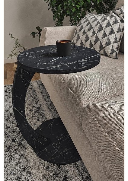 Tekerlekli C Sehpa Koltuk Sehpası Yan Sehpa Zigon Sehpa Servis Sehpası - Siyah Mermer Desen