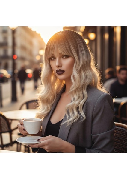 Dalgalı Kısa Perçemli Fiber Sentetik Peruk - Kahve / Platin Ombreli