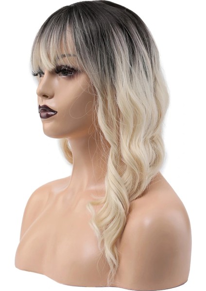 Dalgalı Kısa Perçemli Fiber Sentetik Peruk - Kahve / Platin Ombreli fırsatları