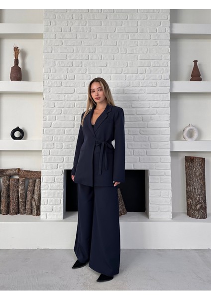 Kadın Yandan Bağlamalı Ikili Kuşaklı Blazer Ceket Pantolon Takım fırsatları