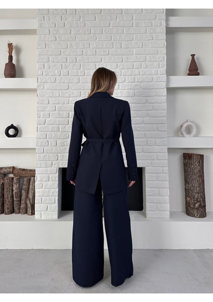 Kadın Yandan Bağlamalı Ikili Kuşaklı Blazer Ceket Pantolon Takım