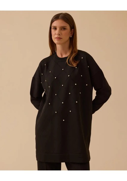 10002521711011 Önü Baklava Desenli Taşlı Kol Ucu Lastikli Soğuk Triko Tunik