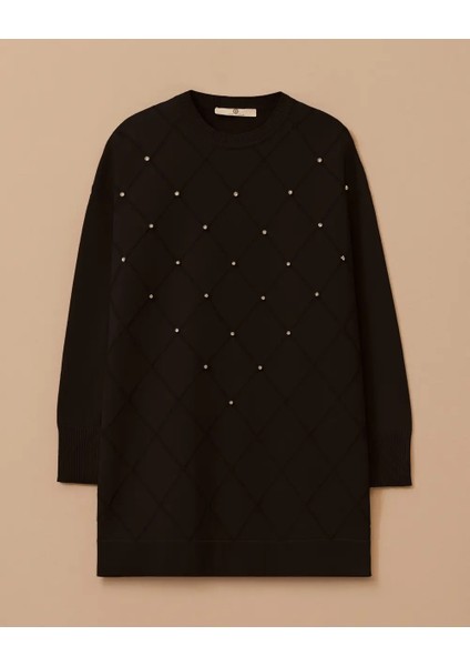 10002521711011 Önü Baklava Desenli Taşlı Kol Ucu Lastikli Soğuk Triko Tunik modelleri