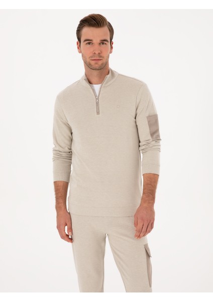 Erkek Bej Regular Fit Yarım Fermuarlı Sweatshirt 50309768-VR011