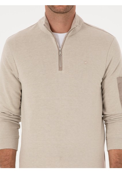 Erkek Bej Regular Fit Yarım Fermuarlı Sweatshirt 50309768-VR011