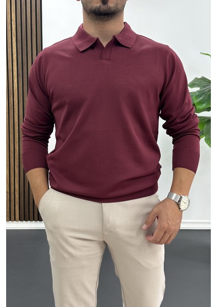 Erkek Açık Yaka Düz Desen Normal Kalıp Kazak Bordo EDW423