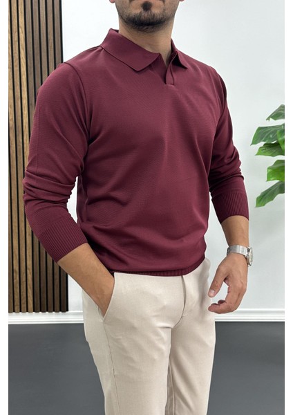 Erkek Açık Yaka Düz Desen Normal Kalıp Kazak Bordo EDW423 fiyatları