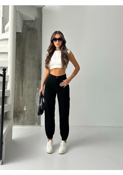 Kadın Paça Lastik Kargo Cep Keten Mom Pantolon