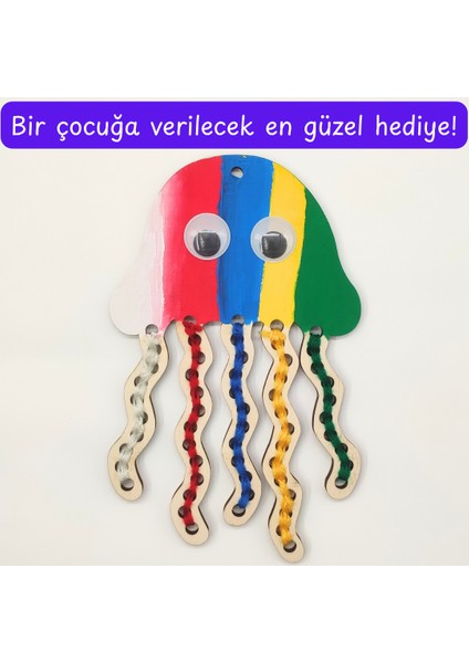 Ahtapot Ahşap Ip Geçirme ve Boyama Etkinlik Seti | Çocuk El Becerisi Aktivitesi