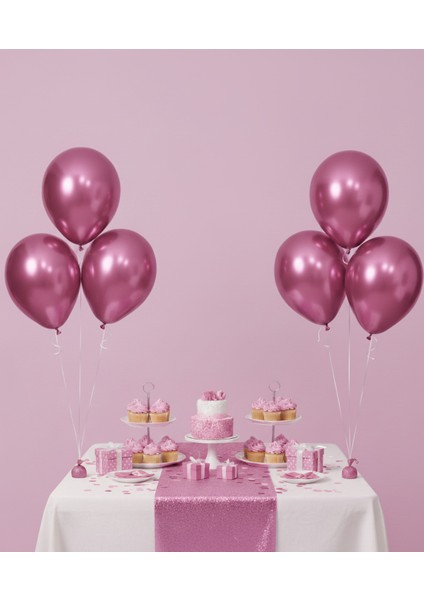 15'li 12 Inç Krom Balon Seti Pembe - Metalik Parlak Parti ve Dekor Balonları