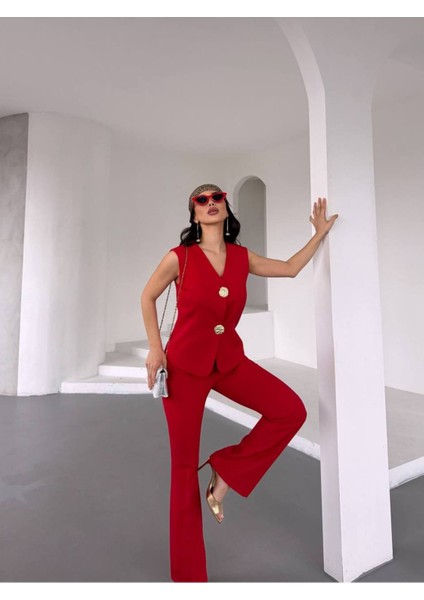 Kadın Gold Kurabiye Düğmeli Yelek Pantolon Takım Elbise fırsatları