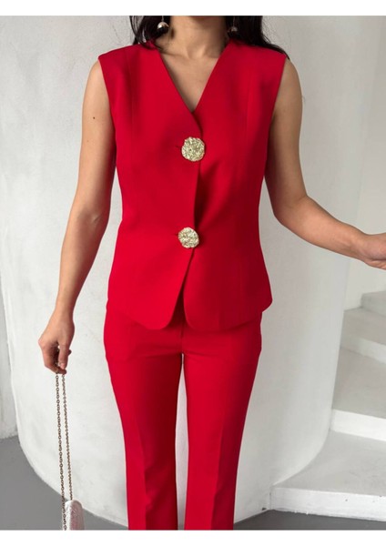 Kadın Gold Kurabiye Düğmeli Yelek Pantolon Takım Elbise