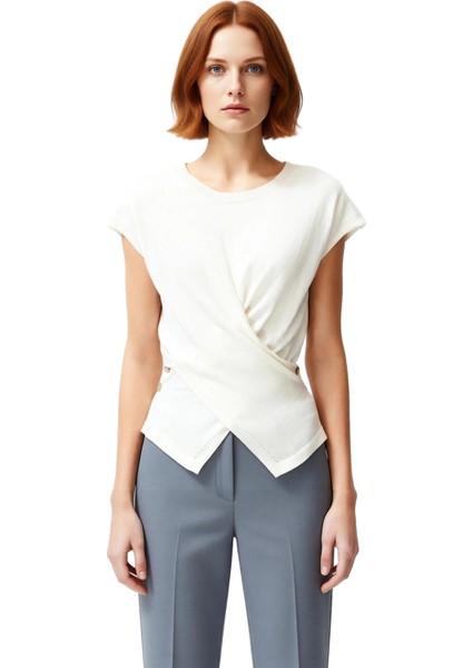 Kadın Akrilik Pamuk Karışımlı Fitted Triko Bluz Bisiklet Yaka Standart Kol Ince Kumaşlı Yazlık