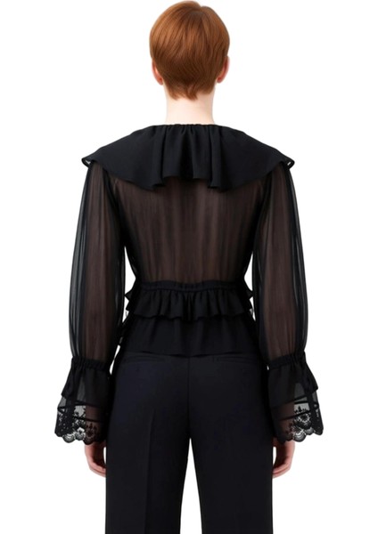 Kadın Şifon Bluz Fırfırlı Detaylar ve Dantel Işlemeli Kol Tasarımı Kaliteli Şık Rahat Modern fiyatları