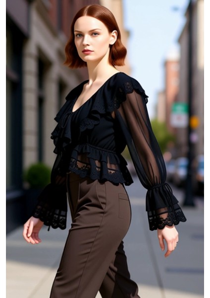 Kadın Şifon Bluz Fırfırlı Detaylar ve Dantel Işlemeli Kol Tasarımı Kaliteli Şık Rahat Modern modelleri