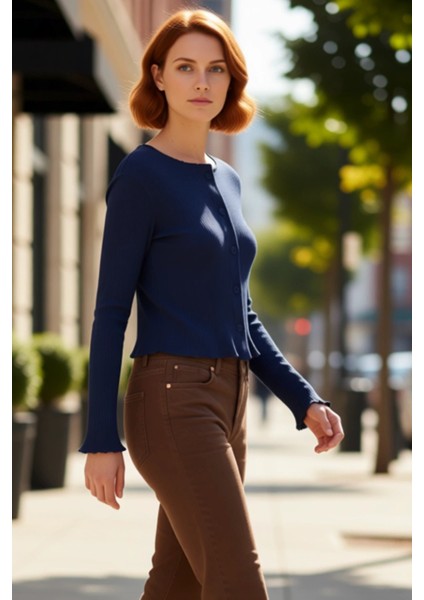 Kadın Fitted Düğmeli Uzun Kollu Örme Bluz Kaliteli Şık Rahat Modern Zarif Günlük modelleri