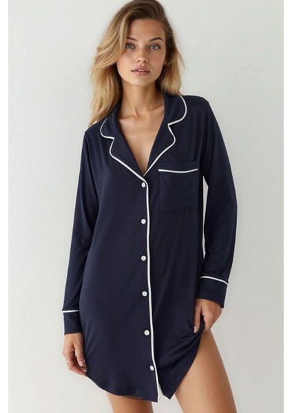 Kadın Ekstra Yumuşak Gömlek Yaka Mini Rahat Gecelik Lacivert