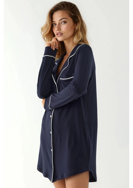 Kadın Ekstra Yumuşak Gömlek Yaka Mini Rahat Gecelik Lacivert fiyatları