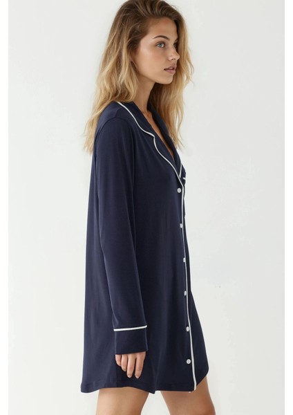 Kadın Ekstra Yumuşak Gömlek Yaka Mini Rahat Gecelik Lacivert modelleri