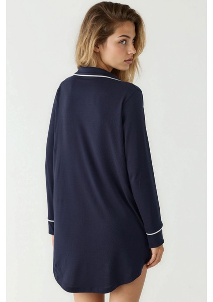 Kadın Ekstra Yumuşak Gömlek Yaka Mini Rahat Gecelik Lacivert fırsatları